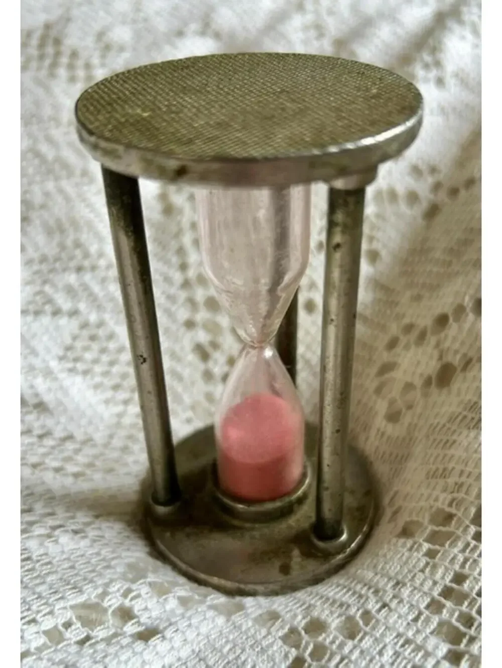 Vintage Metal and Glass Hourglass Timer with Pink Sand